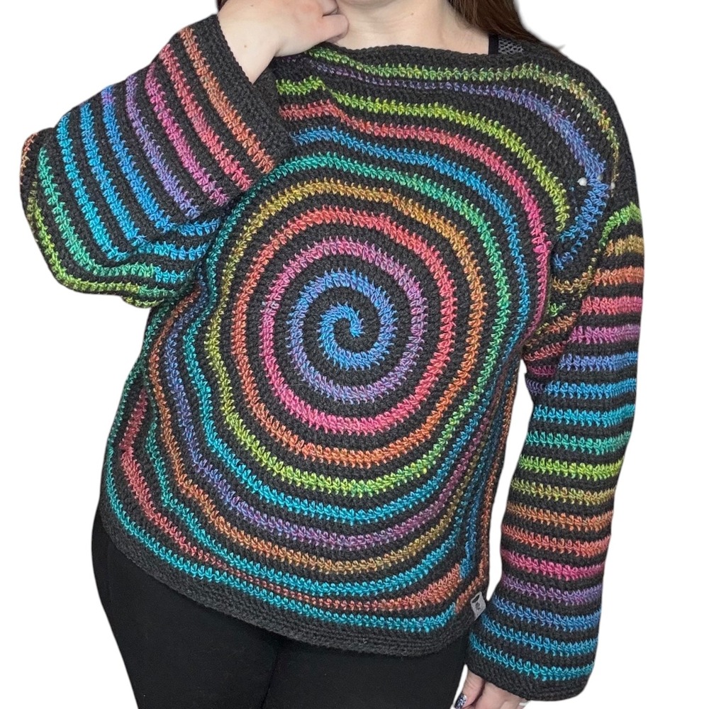 Handmade Multi Rainbow Spiral Crochet Sweater Women Large Reversible Boho
